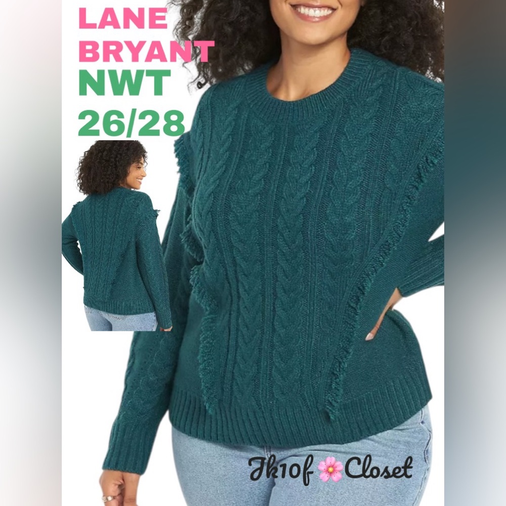 LOWEST🌺 NWT LANE BRYANT Sz26/28 TEAL CHUNKY CABLE KNIT & FRINGE SWEATER